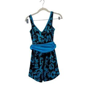 Vintage Floral Swim Dress with Attached Briefs Sash Tie Blue Black Union‎ Tag 12